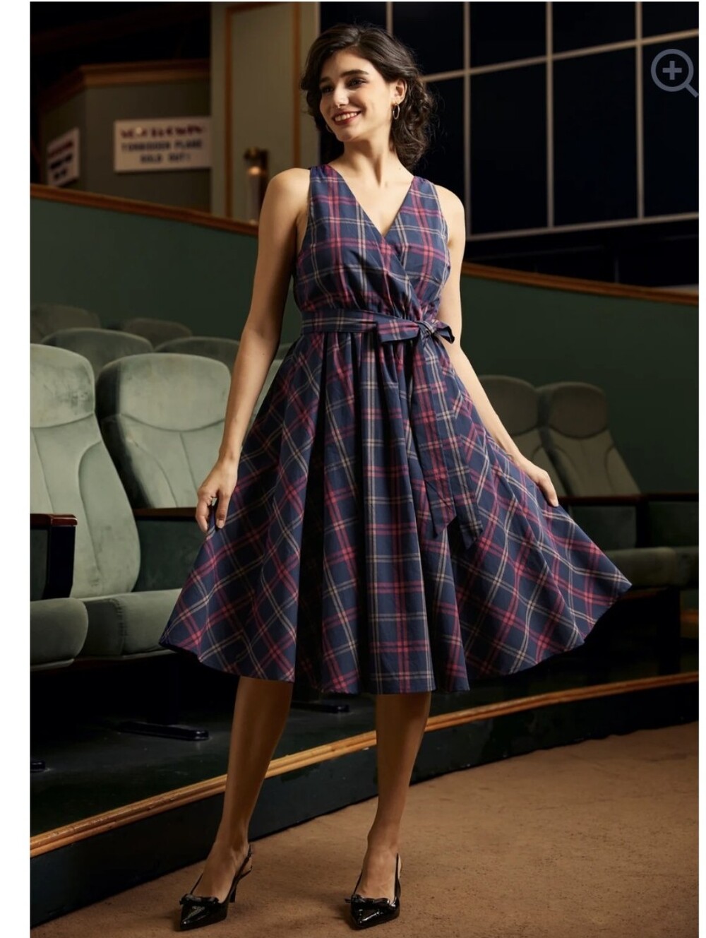 Modcloth Retro Pinup Instant Energy Faux-Wrap Dress. Color: Navy Plaid. Size 3X.